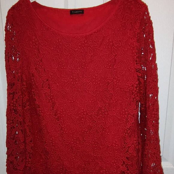 TALBOTS CORDED LACE L/S TANK ROUND NECK 100% COTTON LINED CANDY APPLE RED MEDIUM - Picture 1 of 11